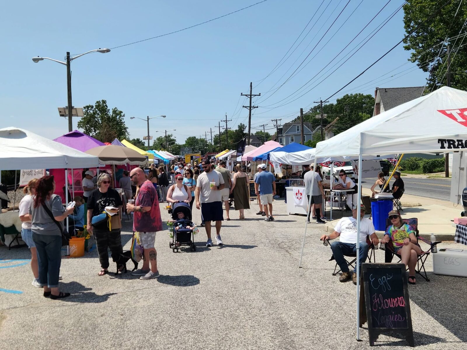 Woodbury Farmers Market Vendor Tents Crowd 03 A wide view of farmers market tents and shoppers under a clear blue sky.